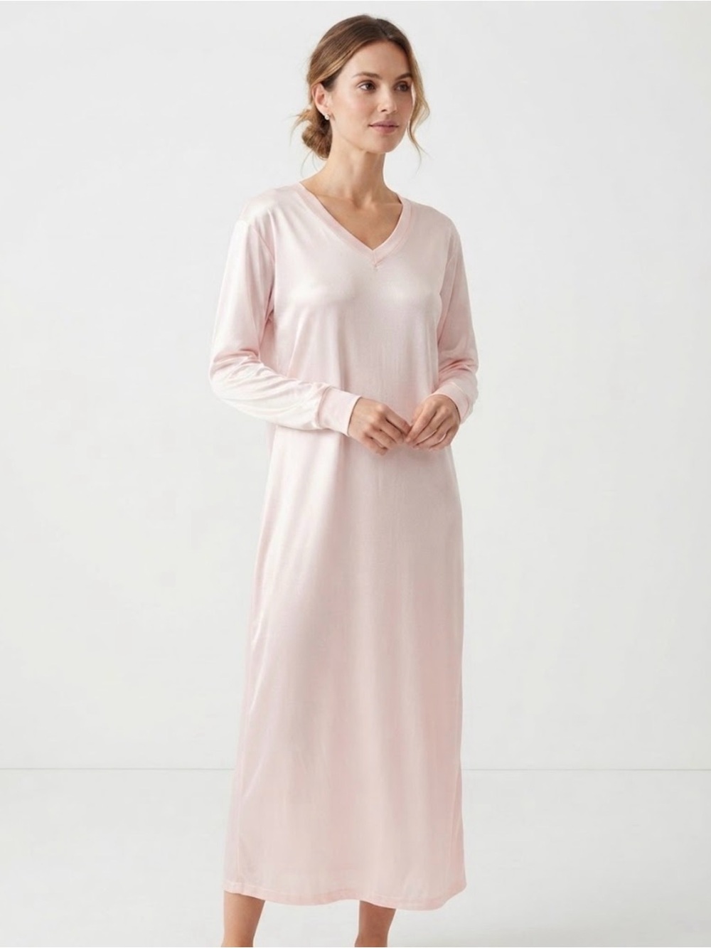 WinterSilks Light Pink 100% Silk Long Sleeve V-Neck Maxi Nightgown / Loungewear
